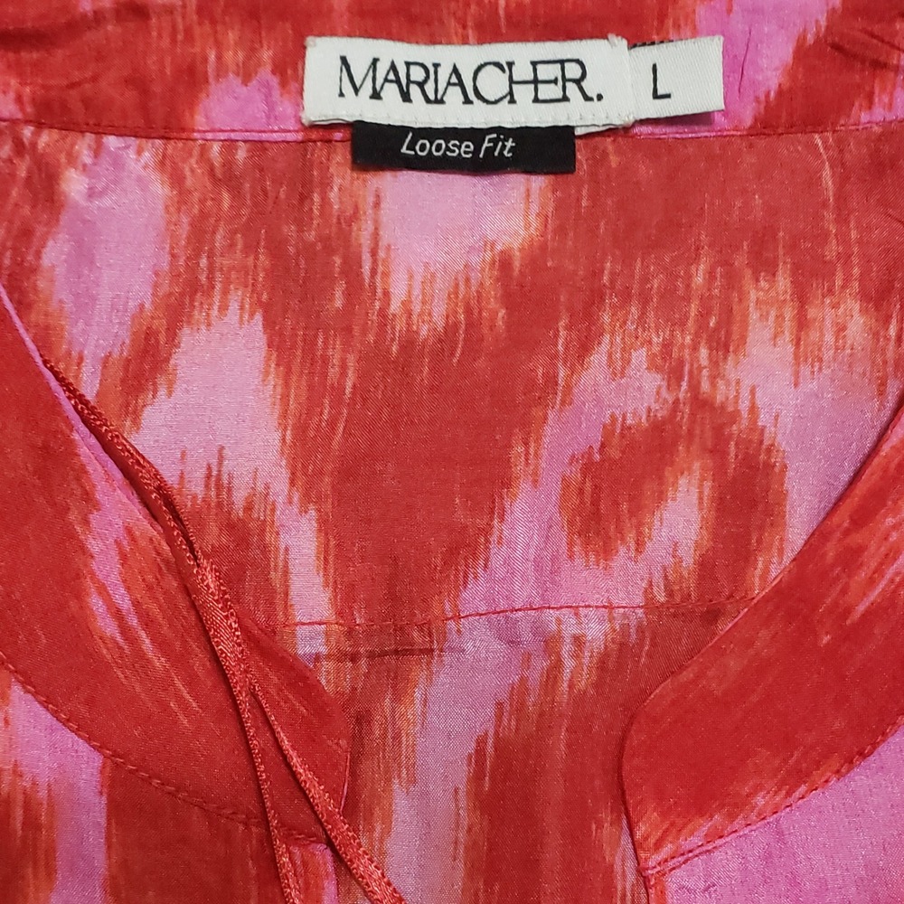 Maria Cher Loose Fit 100% Silk Blouse Pink Red Ikat Print Bishop Sleeve Large - Picture 6 of 11